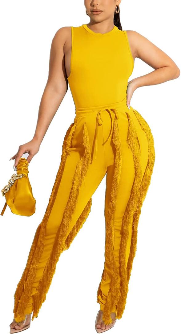 Vakkest Women's 2 Piece Outfits Sleeveless Tanks Top High Waist Fringe Long Pants Casual Tassels Bodycon Yoga Pants (XX-Large, All Yellow)