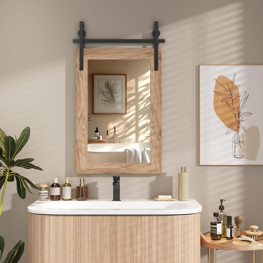 Hasipu Farmhouse Bathroom Mirror, 18"x26" Rustic Wood Framed Wall Mounted Mirror, Brown Vintage Vanity Mirror Barn Door Style Decrative Mirrors