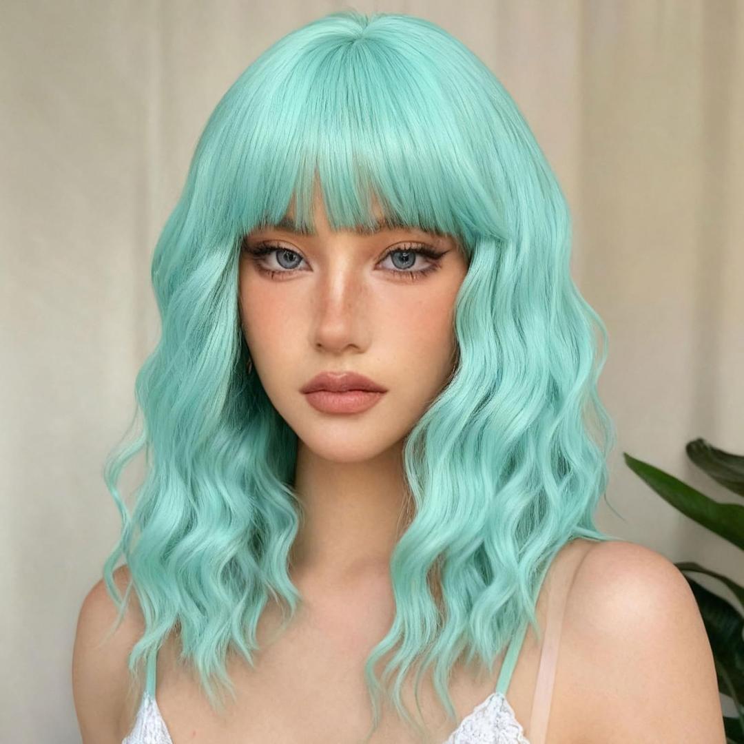 LOSMOEER Mint Green Wig with Bangs Short Wavy Wigs for Women Shoulder Length Curly Bob Wigs Heat Resistant Synthetic Wigs for Halloween Cosplay Daily Party Use (14 Inch)
