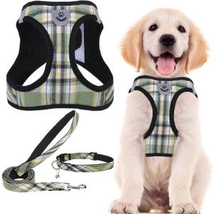 PUPTECK Adjustable Dog Harness Collar and Leash Set Step in No Pull Pet Harness for Small Medium Dogs Puppy and Cats Outdoor Walking Running, Soft Mesh Padded Reflective Vest Harnesses, Grn&YLW, L (L (CHEST 18"-20"))