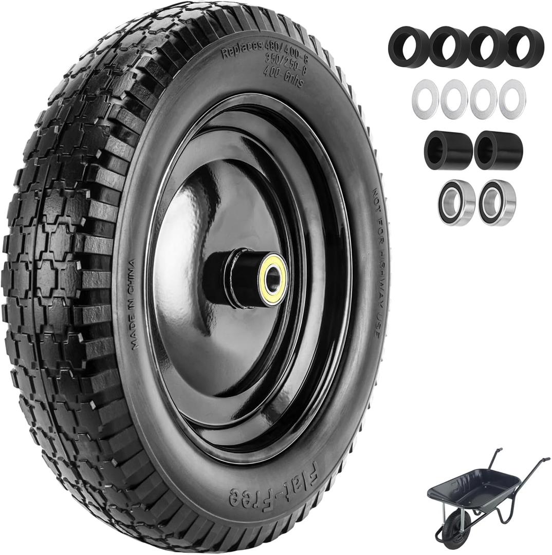 4.80/4.00-8" Tire Flat Free 14.5" x 3.2" (1Pcs) Universal Solid Wheelbarrow Tire with 5/8 Bearings 3 -7 Hub Centered, for 4.80/4.00-8, 3.50/2.50-8, 4.00-6 Wheelbarrow Wheels
