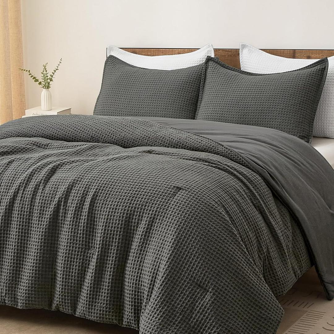 PHF Ultra Soft Waffle Weave Comforter Set Queen Size, 3 Pieces Lightweight Breathable Comfy Bedding Set, Comfy Textured 1 Comforter with 2 Pillow Shams, Grey