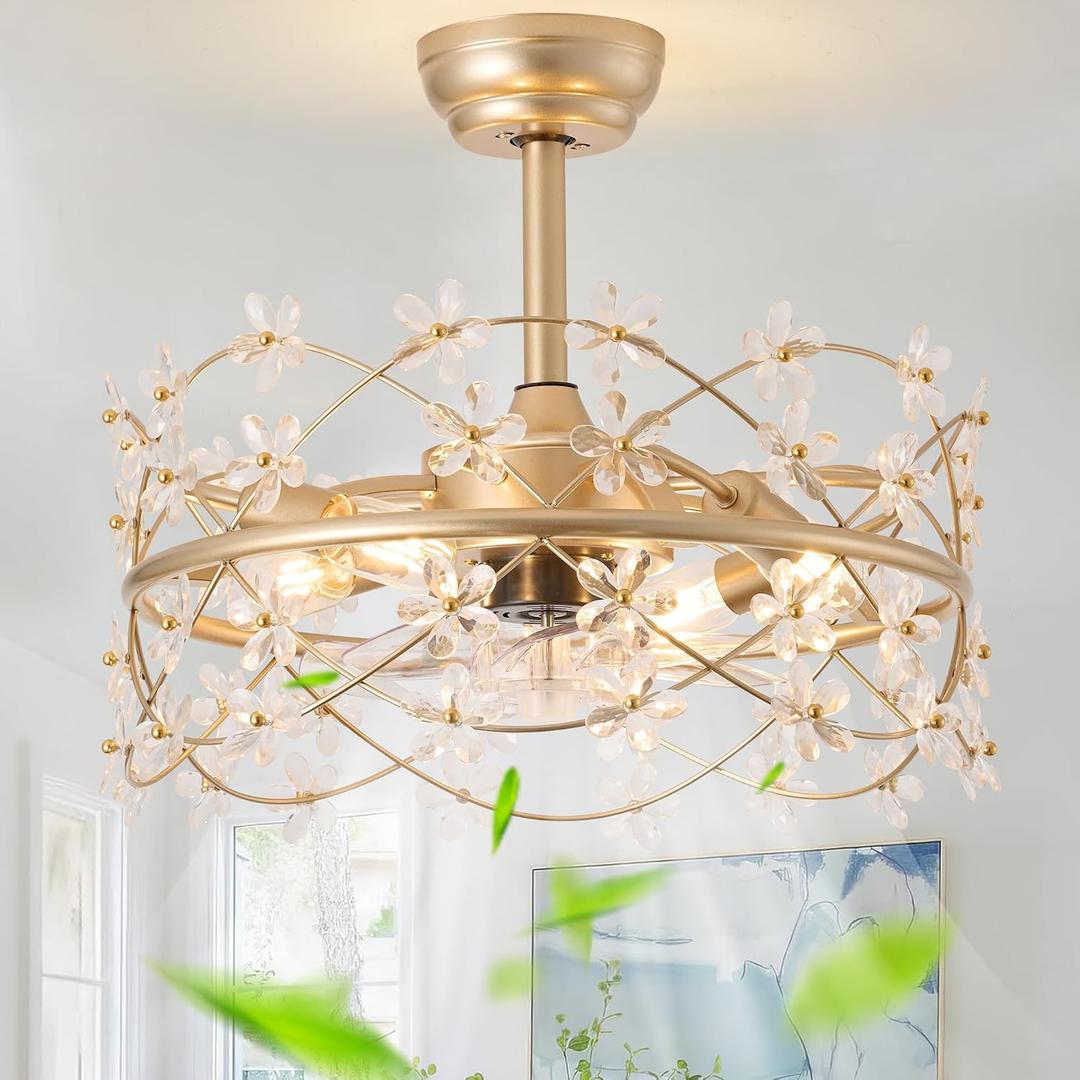 20" Gold Fandelier Ceiling Fans with Lights, Flower Chandelier Ceiling Fan