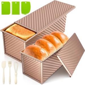 2Pack Bread Loaf Pan with Lids  1 LB Dough Capacity, Non-Stick Carbon Steel Pullman Loaf Pan for Homemade Sandwich and Sourdough Bread, Corrugated Toast Mold Gold