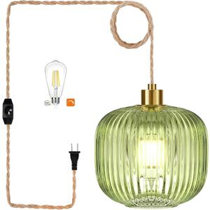 Plug in Pendant Light Hanging Lights with Plug in Cord Gold Boho Hanging Lamp Dimmable Glass Green Mid Century Modern Vintage Chandelier Ceiling Fixture for Living Room,Bedroom,Kitchen
