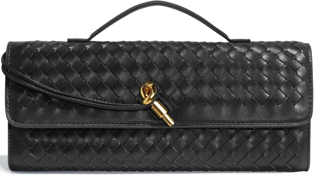 Woven Clutch Purses for Women, Formal Satchel Leather Evening Bag Shoulder Handbag (Black)