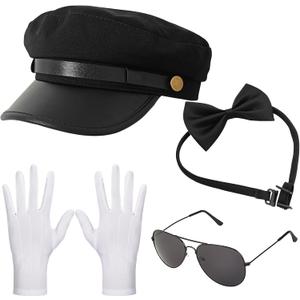 Chauffeur Costume Limo Taxi Driver Halloween Cosplay Accessories Chauffeur Hat Sunglasses Gloves Bowtie Set