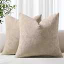 decorUhome Chenille Beige Christmas Throw Pillow Covers 18x18 Inch Set of 2, Decorative Soft Couch Pillow Covers Solid Dyed Accent Farmhouse Neutral Square Pillow Cases for Sofa