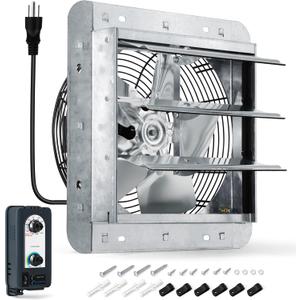 10 Inch Shutter Exhaust Fan with Thermostat and Speed Controller, Wall Mounted Vent Fan for Attic, Greenhouse, Shed, Garage, Chicken Coop, Shop Ventilation, 820 CFM, 1200 SQF Coverage Area