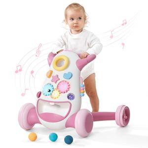 KB Montessori Baby Walker - Interactive Push Toy for Toddlers Learning to Walk with Soft Music & Lights, Adjustable Speed & Non-Slip Wheels, Educational Activity Center (Pink)