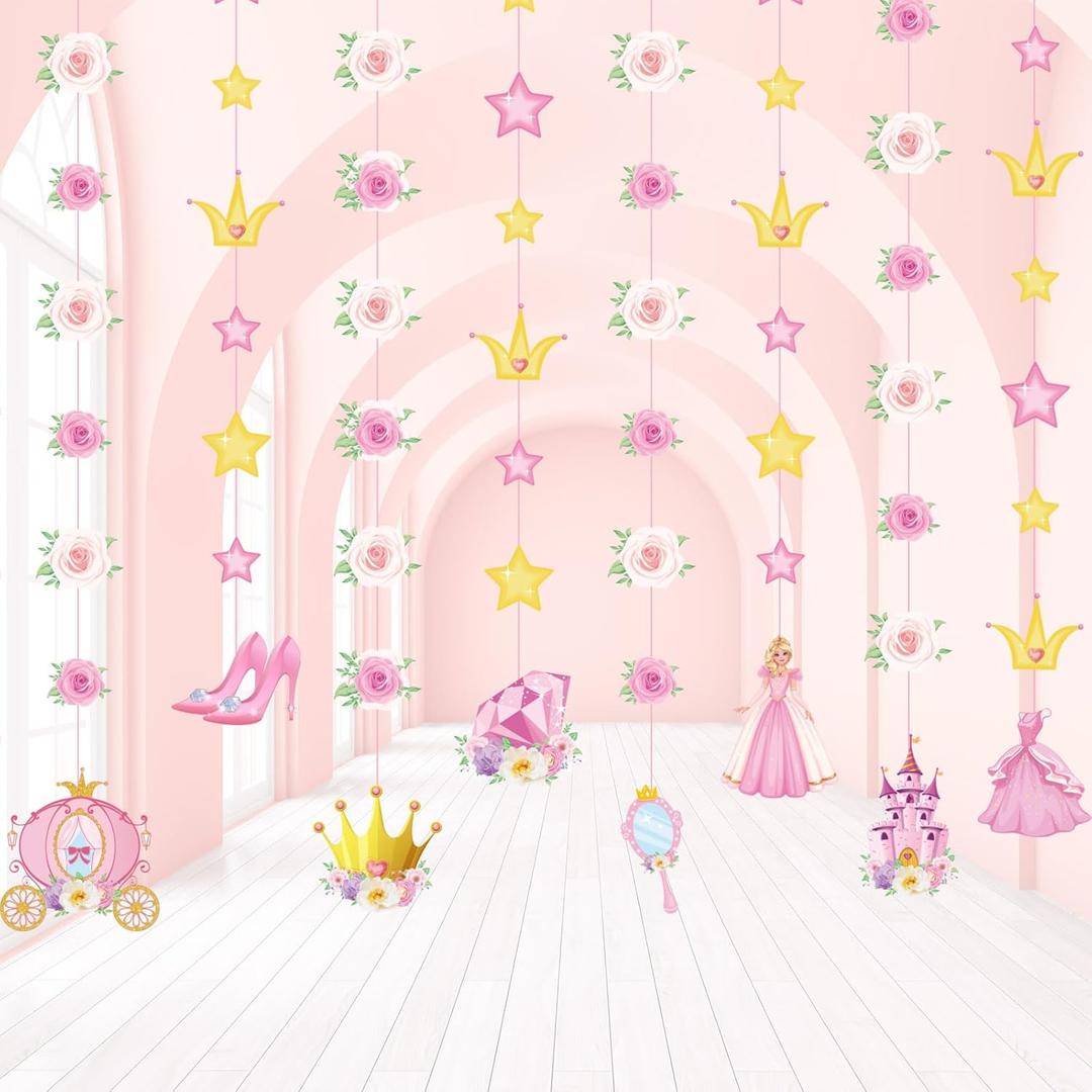 Sinload 8 Pieces Floral Princess Party Decorations Princess Theme Garland Banners Pink Gold Castle Crown Carriage Paper Cutouts for Birthday Baby Shower Favors Classroom Supplies