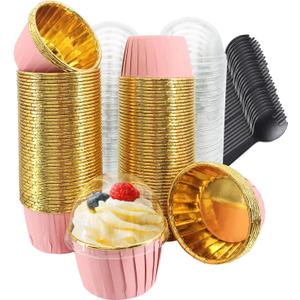 Cupcake Liners for Baking 100Pack,Free-Air 3.5Oz Foil Baking Cups with Dome Lids,Disposable Muffin Tins Muffin Cups for Wedding Birthday Party, with Spoons-Pink in Gold