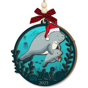 2 x Mom and Baby Manatee Christmas Ornament 2025 - Manatee Gifts for Animal Lovers Women, Men, Mommy Hugging Her Baby, for Mom from Son Daughter, Wooden Animal Ornaments Hanging Decor
