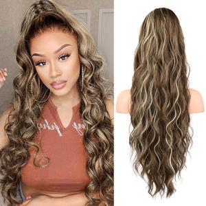 FLUFYMOOZ Ponytail Extension, 26 Inch Drawstring Ponytail Hair Extensions for Women Long Curly Wavy Ponytail Natural Wavy Synthetic Hairpiece for Women (26 Inch Medium Brown Ash Blonde)