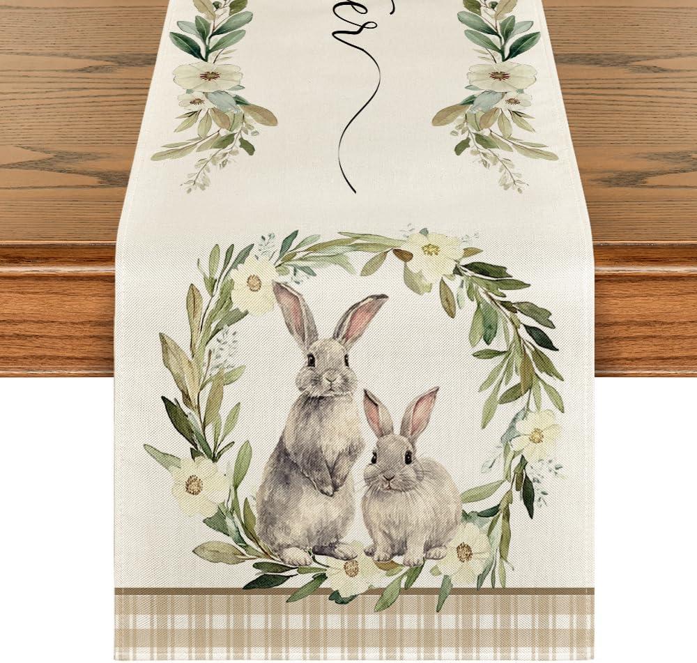 Artoid Mode Buffalo Plaid Bunny Rabbit Wild Flowers Easter Table Runner, Seasonal Kitchen Dining Table Decoration for Home Party Decor 13x72 Inch (Beige)