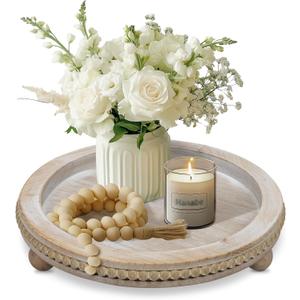 Round Candle Tray Holder Plates, Wooden Decorative Trays for Coffee Table Decor, Farmhouse Wood Riser Beaded Round Tray, Centerpiece Decor, Kitchen Table, Home Decor, Wash White