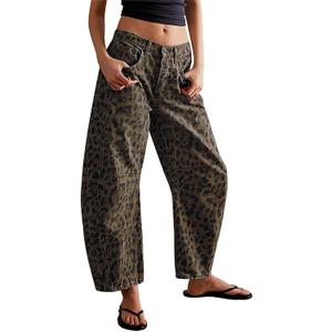 CHARTOU Women's Wide Leg Cropped Baggy Y2k Mid Rise Jeans - Boyfriend Harem Denim Pants (L)