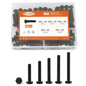 M6 x 30mm 35mm 40mm 45mm 50mm Heavy Duty Hexagon Bolts Hex Head Screws, 8.8 Grade Alloy Steel, Black Oxide Finish, Metric, Machine Fully Thread, Assortment Kit 50PCS