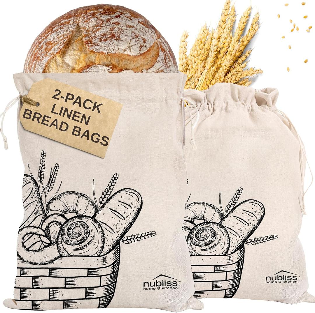 Nubliss 2-Pack Large, Reusable Organic Linen Bread Bags for Homemade Bread - BPA-Free Inner Plastic Lining - Durable Breads Storage - Sourdough Loaf Bags - Perfect for Sour dough Loaves & Baguettes (Off White)
