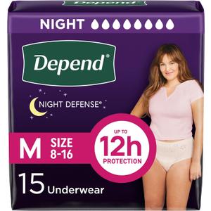 Depend Night Defense Adult Diapers, Incontinence & Postpartum Bladder Leak Underwear For Women, 16 Pieces in 1 Pack, 8 Packs, 00-8 Size