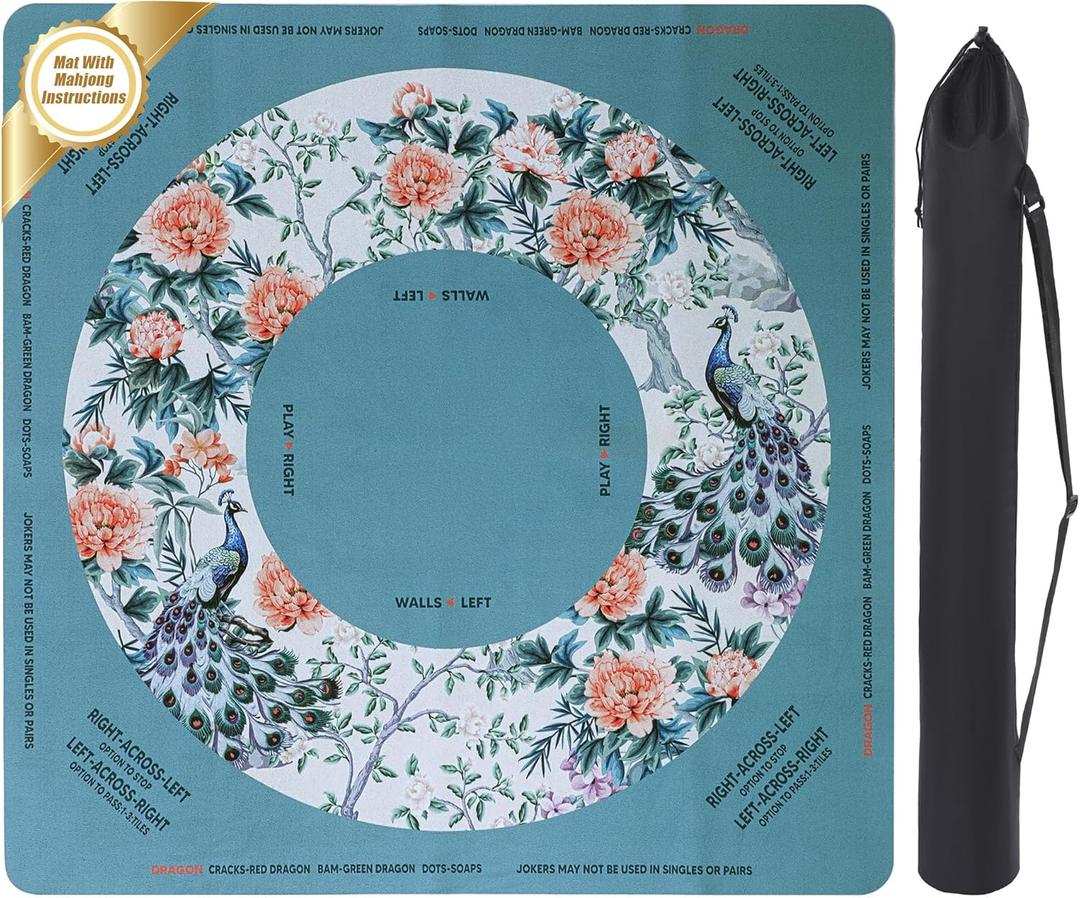 BALAPET Portable Mahjong Mat with Playing Instructions for Learning, Chinoiserie Peony Peacock Style Mahjong Mat for Table, Anti-Slip Noise Reduction Table Mat Cover for Board & Tile Games(Blue)