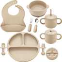 Bufims Silicone Baby Feeding Set, Baby Led Weaning Supplies, Eating Essentials Utensils with Suction Plate and Bowl, Pocket Bib, Sippy Cup with Lid, Forks Spoons Snack Container, for 6+ Months, Beige