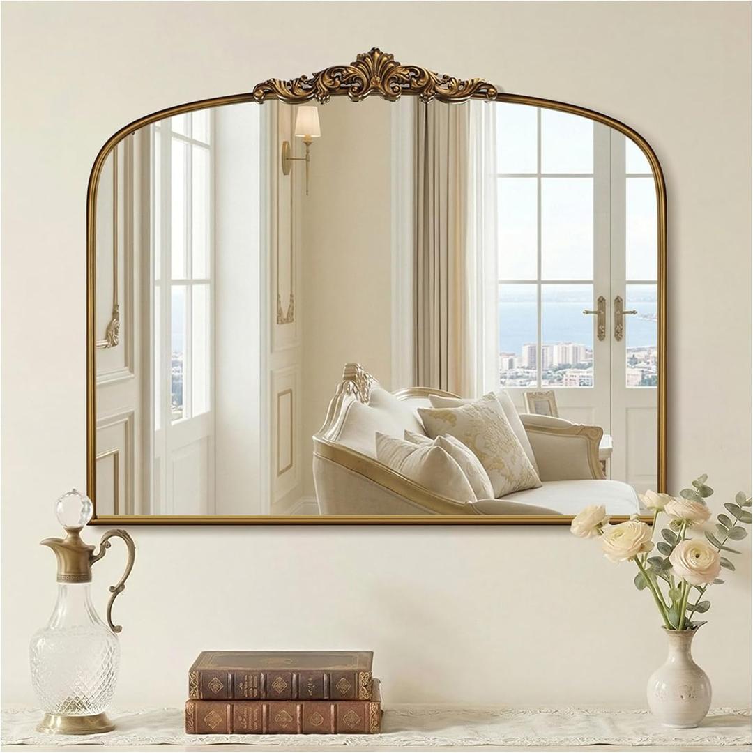 Vintage Gold Arched Wall Mirror 36"x30" Ornate Baroque Style Antique Brass Frame, Decorative Large Mirror for Entryway, Living Room, Fireplace, Hallway, Bathroom