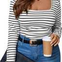 Milumia Women's Plus Size Striped Square Neck Long Sleeve Tops Casual Tee Shirt Top Black and White 3XL