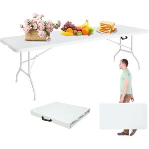 Portable 8Ft Folding Table, Heavy Duty Plastic Fold-in-Half Utility Foldable Dining Table, Multi-Purpose Plastic Folding Table with Carrying Handle for Camping and Party Indoor/Outdoor (White)