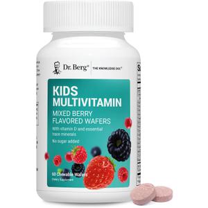 Dr. Berg Kids Chewable Multivitamins (NOT Sweetened w/Sugar) - Daily Multivitamin for Kids that Includes 20 Nutrients & Trace Mineral Complex - Mixed Berry Chewable Vitamins for Kid - Red Wafers