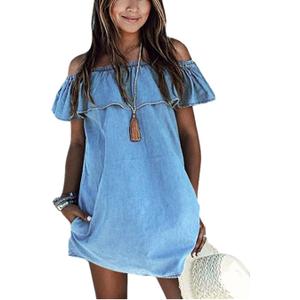 Women's Blue Jean Dress Off Shoulder Ruffle Short Sleeve Loose Denim Mini Dress with Pocket (Medium)