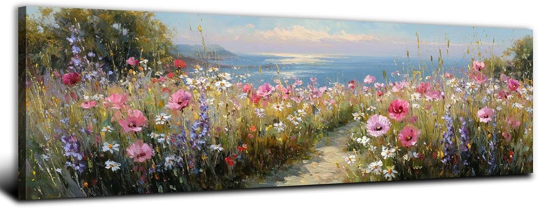 Coastal Wildflower Wall Art Abstract Beach Landscape Picture Bathroom Wall Decor Colorful Daisy Flower Sea Scenery Canvas Artwork Nature Nautical Print Cottagecore Living Room Decoration 14x48"