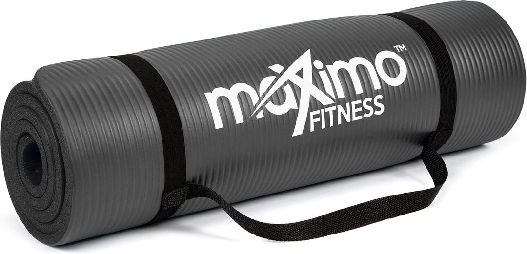 Maximo Fitness Yoga Mat - Multipurpose Exercise Mat for Men, Women and Kids, Ideal Non Slip Workout Mats for Yoga, Pilates, Gym Exercise with Carrying Strap (12mm Thick, Black)