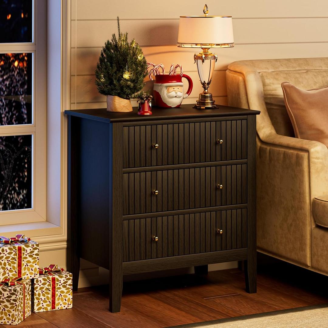 Night Stand, Fluted 3 Drawer Wide Farmhouse Nightstand with Gold Handle, Modern Wooden Bedside End Table for Bedroom, Living Room, Black