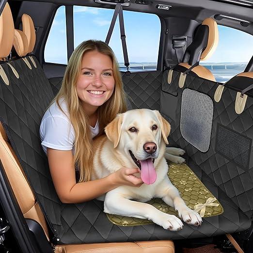 Waterproof Dog Car Seat Cover for Back Seat with Hard Bottom – Medium Sized Dog Hammock for Truck, SUV, Sedan – Backseat Cover for Dogs in a Car – Pet Backseat Extender for Dogs with 2 Storage Pockets