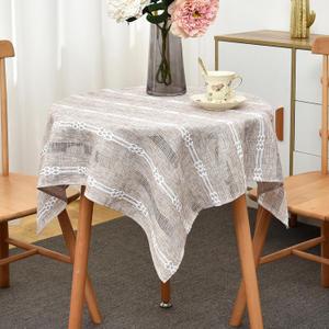 Rustic Striped Embroidery Small Square Tablecloth, Openwork Heavy Weight Linen Wrinkle Resistant Tablecloths End Table Cover for Nightstand Bedside Table Decor 36x36 Inch Brown