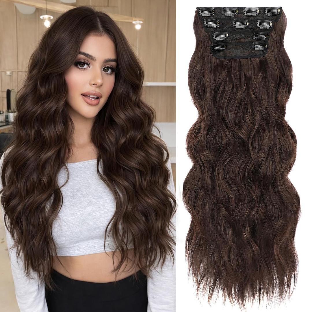 ALXNAN Clip in Long Wavy Synthetic Hair Extension 20 Inch Chocolate Brown 4PCS Thick Hairpieces Fiber Double Weft Hair for Women