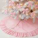 48 Inches Velvet Christmas Tree Skirt Pink with Gold Bow Fur Plush Tree Skirt Luxury Xmas Skirts for Merry Christmas Party Vintage Holiday Decorations