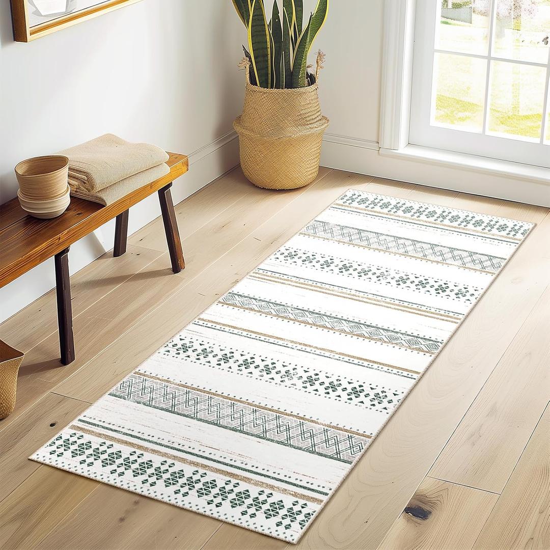 BESTSWEETIE 2x6 Area Rugs for Living Room Washable Moroccan Farmhouse Neutral Geometric Low Pile Non-Slip Soft Print Pattern Rug for Bedroom Kitchen Dining Room Entryway Green/Brown