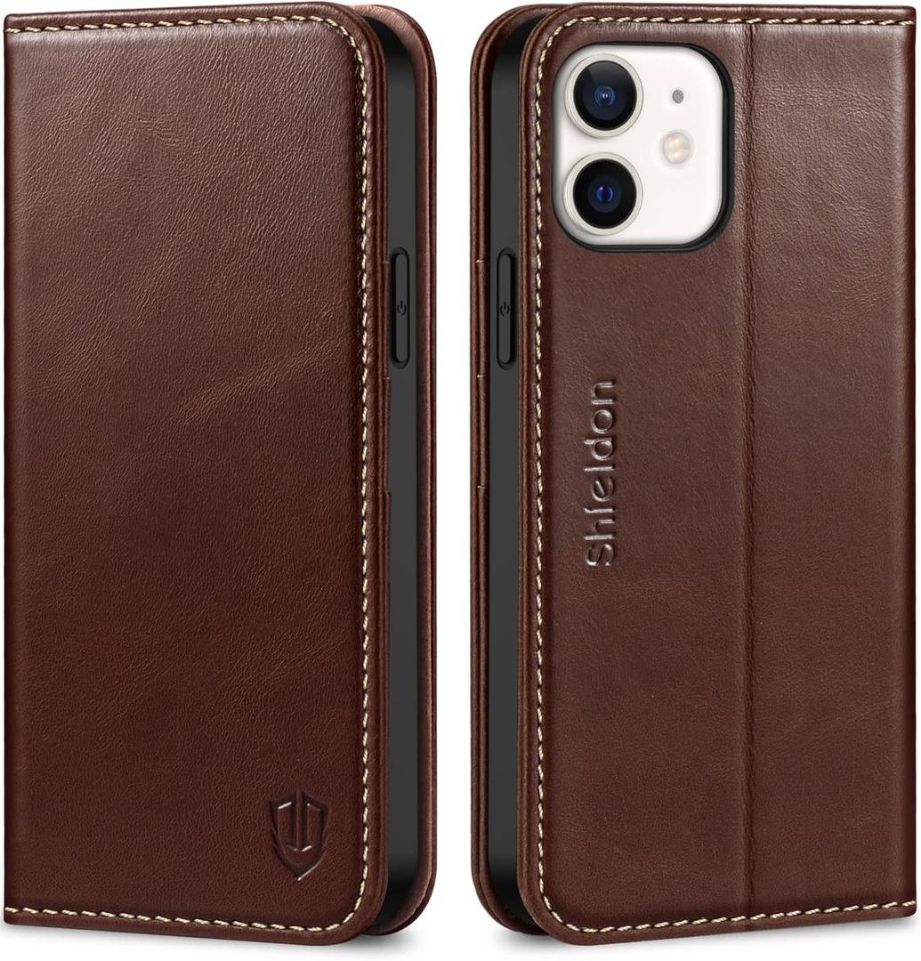SHIELDON Case for iPhone 12 6.1", Genuine Leather Wallet Magnetic Book Protection Cover, Kickstand RFID Blocking Credit Card Holder Compatible with iPhone 12/12 Pro - Retro Coffee