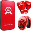3-in-1 Boxing Equipment Punching Gloves Mitts Kick Pack Set for Kids Karate Mitts Pad for Beginners Arm Pad for Children Boxing Gloves for Muay Thai, Taekwondo, MMA Training, Gift for Kids Toddlers (Red)