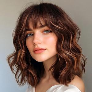 Aokiya Bob Wavy Wigs for Women Reddish Caramel Brown Short Curly Hair Wig with Bangs Shoulder Length Style Synthetic Realistic Heat Resistant Wig for Everyday Hairstyle 16 Inch