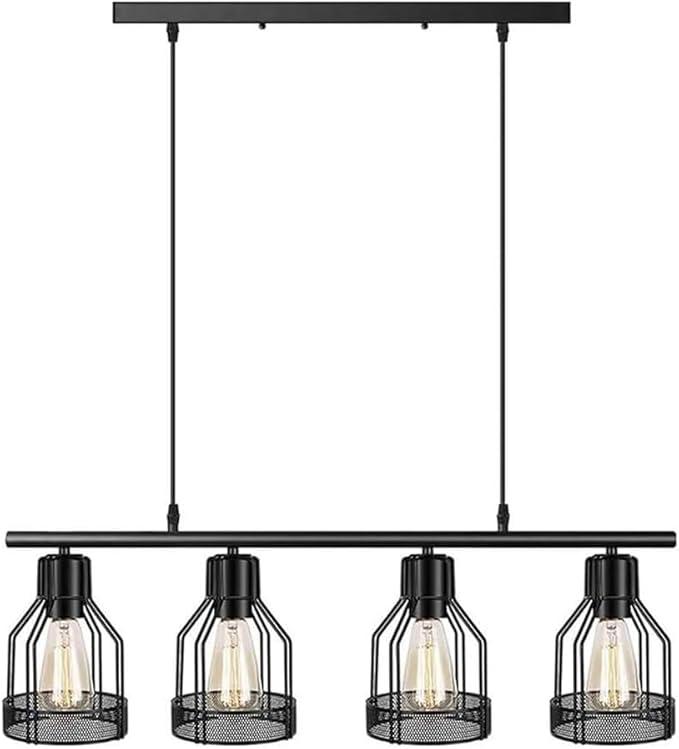 4-Light Farmhouse Black Kitchen Island Lighting - Adjustable Rods Industrial Rustic Pendant Light Fixture - Black Iron Retro Linear Chandelier - Ideal Compatible with Kitchen Island, Dining Room Pend