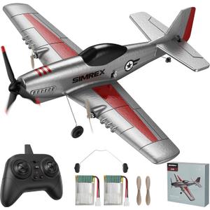 SIMREX RC Plane for Kids - 2.4GHz 3-Channel Remote Control Airplane Toy with 6-Axis Gyro, 2 Speeds, 2 Batteries, P51 RC Airplane, Foam Glider - Gift for Boys & Girls (Gray)