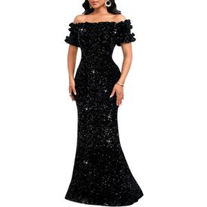 Dasmzper Women Sexy Sequin Off Shoulder Ruffle Short Sleeve Bodycon Mermaid Party Formal Evening Maxi Dress (Black, XXL)