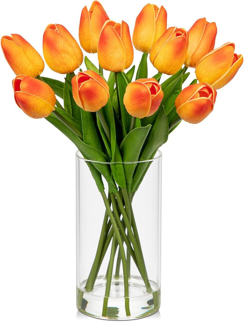 DILATATA 12 Pcs Artificial Real Touch Orange Tulips in Glass Vase with Faux Water, Small Tulip Arrangement for Wedding, Table Centerpieces, Home Decor