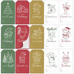 AUDREE 210 Pcs Christmas Gift Tags Stickers - Self-Adhesive Red, Green & Gold Holiday Label Set - 15 Festive Designs for Xmas Gifts, Boxes, Cards & Wrapping