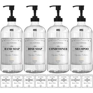 16 OZ Clear Glass Soap Dispenser with Plastic Pump, Hand and Dish Soap Dispenser Set for Bathroom with 12 Waterproof Labels, Pack 4