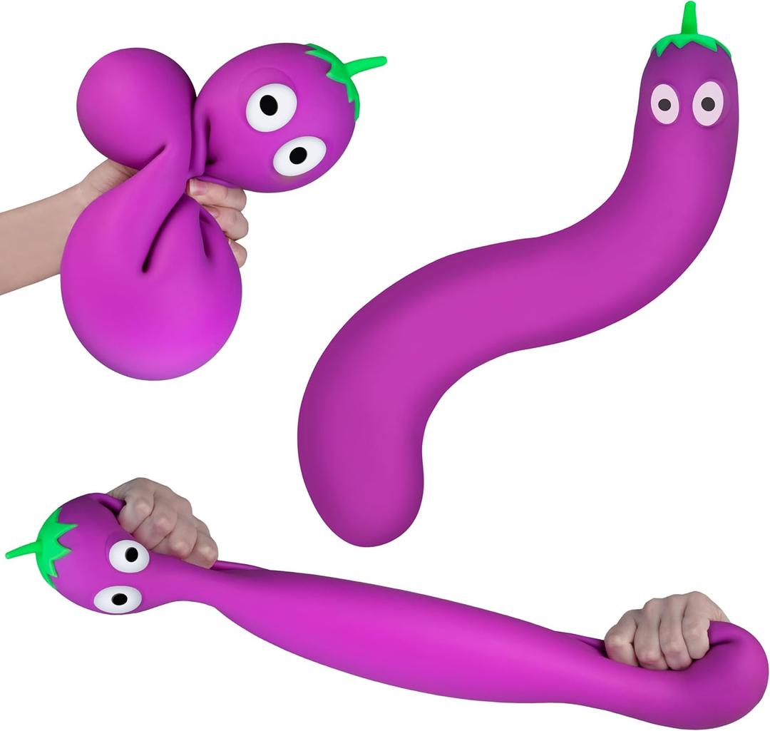 ORB Easy Sqweezy Giant Squishy Stretchy Eggplant Toy - Stretches Up to 6 Feet Long - Huge Eggplant Jumbo Squishies Veggie Stress Toys - Fun Sensory and Giant Squishy Fidget Toy for Kids and Adults