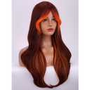 MAGQOO Brown Orange Ombre Wig with Curtain Bangs Long Wavy Brown Orange Wig for Women Synthetic Heat Resistant Daily Party Use
